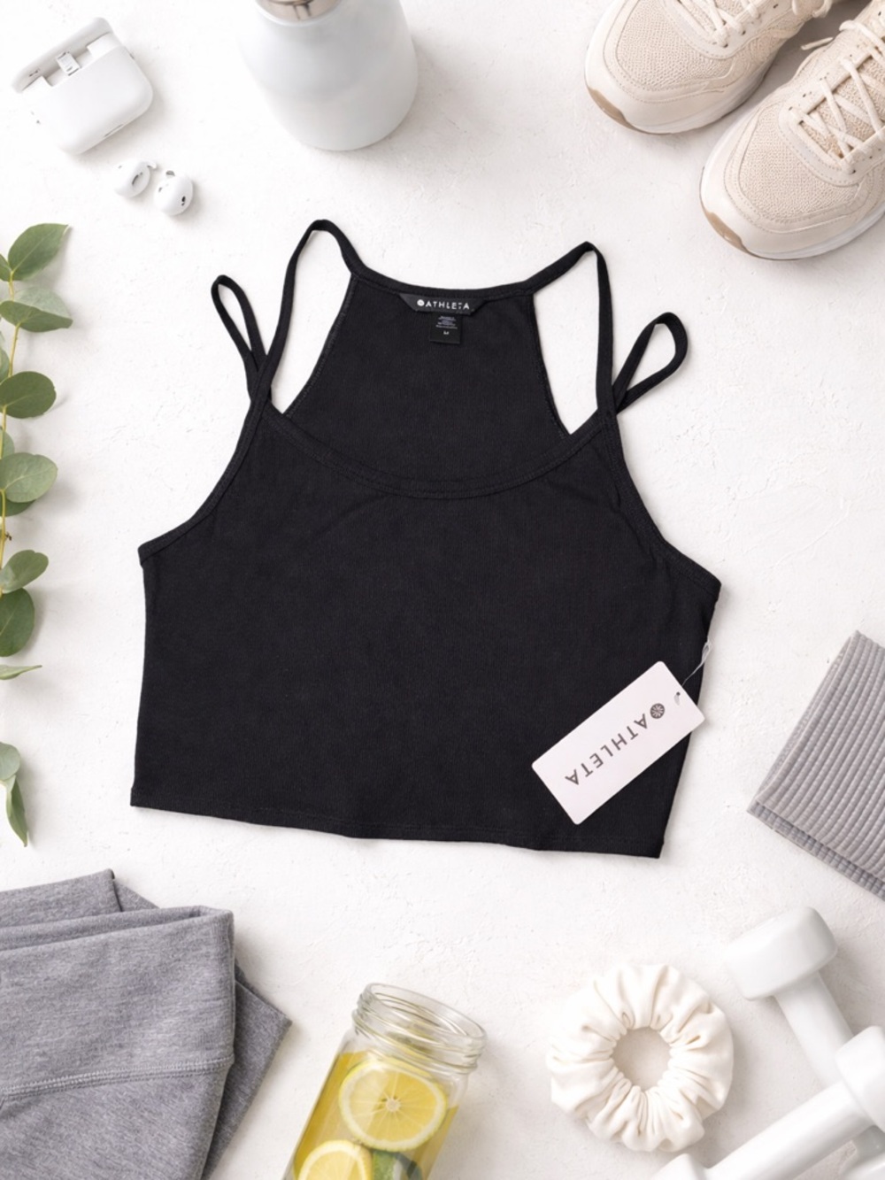 NWT Athleta Signature Rib Wide Binding Tank Black Cropped Medium